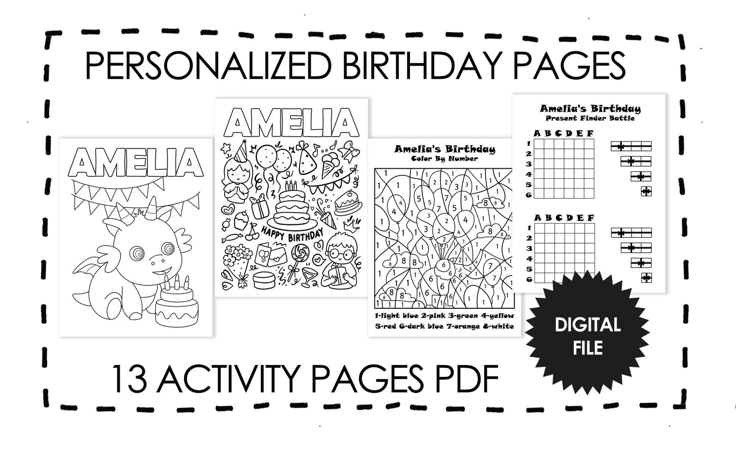 Personalized Birthday Coloring Pages For Kids,Custom Name & Age Birthday Party Activity Sheets, Kids Printables, 13Pages PDF Download 8.5x11in