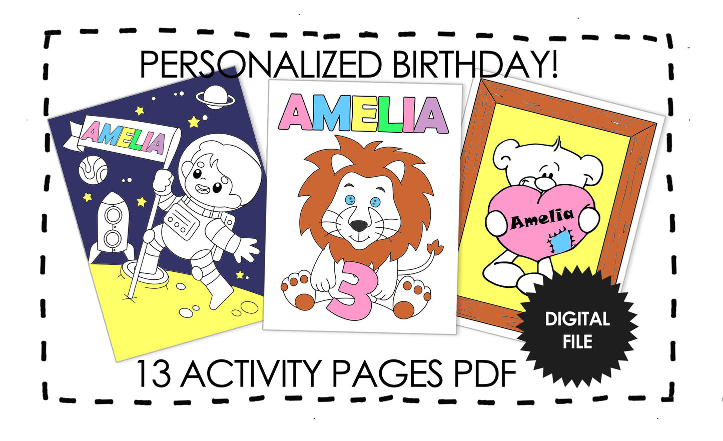 Personalized Birthday Coloring Pages For Kids,Custom Name & Age Birthday Party Activity Sheets, Kids Printables, 13Pages PDF Download 8.5x11in