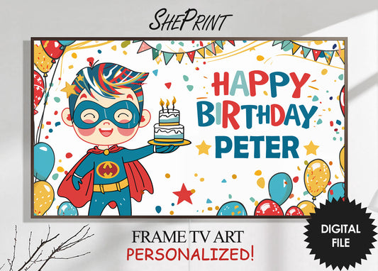 Personalized Birthday Frame TV Art For Boys | Happy Birthday Superhero Cake Balloons preview