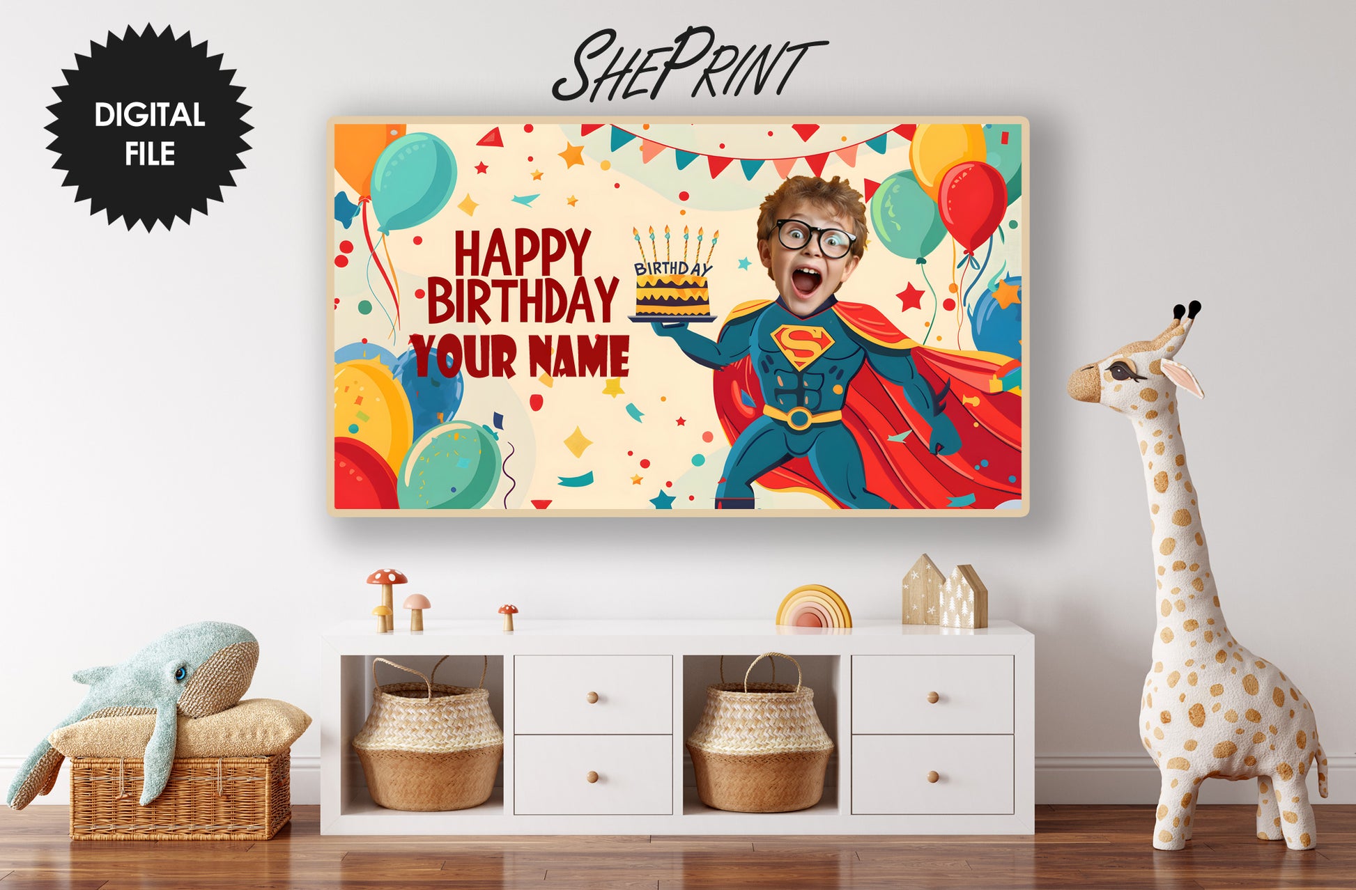 Personalized Birthday Frame TV Art For Boys | Custom Name and Photo Preview in kids room