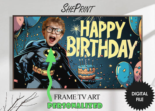 Comic Style Personalized Birthday Frame TV Art For Boys | Custom Photo | Happy Birthday Cartoon Superhero preview on Samsung Frame Tv