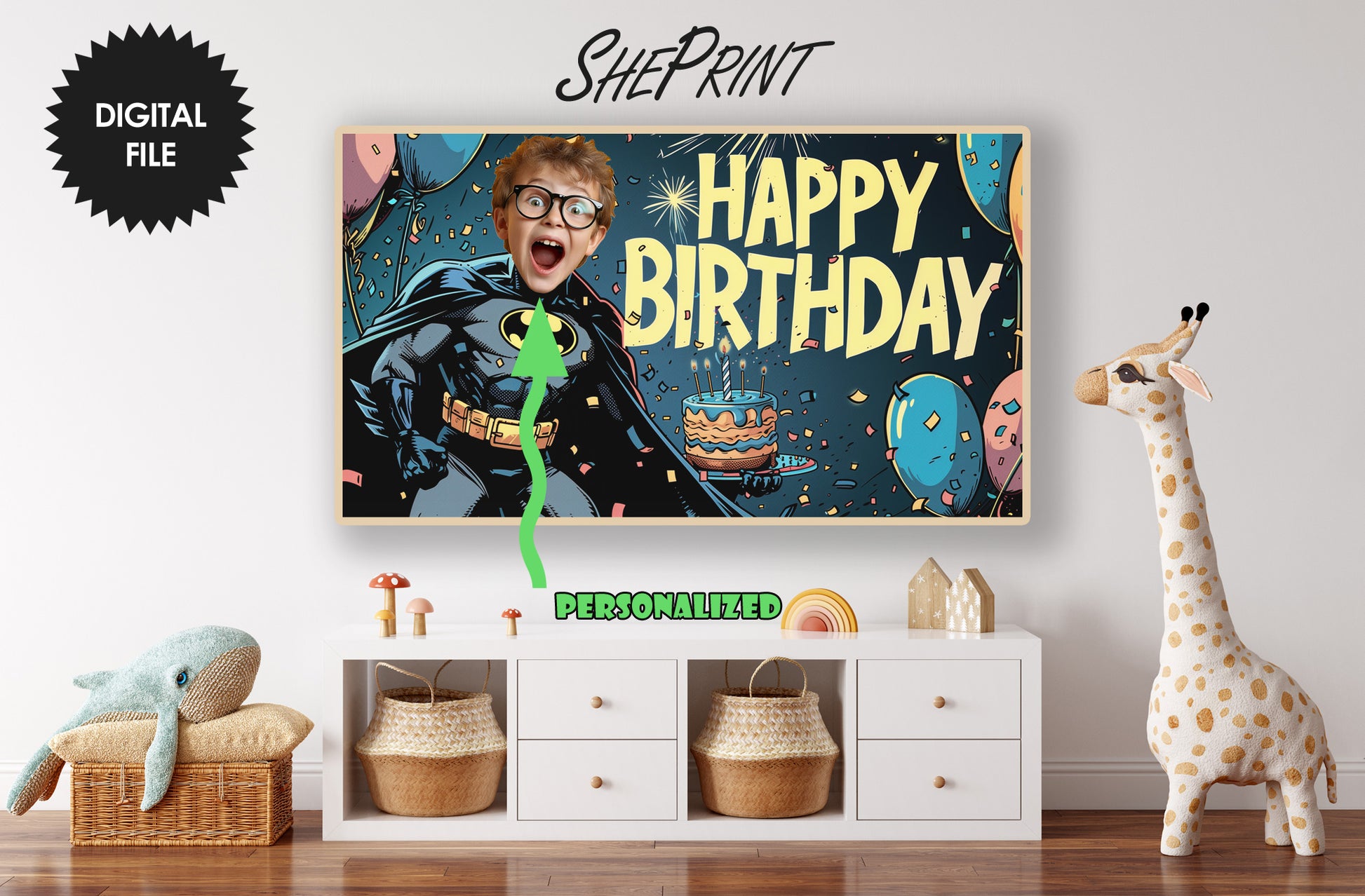 Personalized Birthday Frame TV Art For Boys | Custom Photo | Happy Birthday Cartoon Superhero preview in kids room