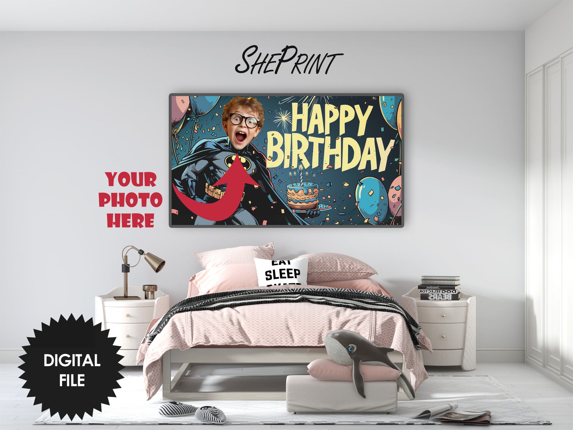 Personalized Birthday Frame TV Art For Boys | Custom Photo | Happy Birthday Cartoon Superhero preview in kids bedroom