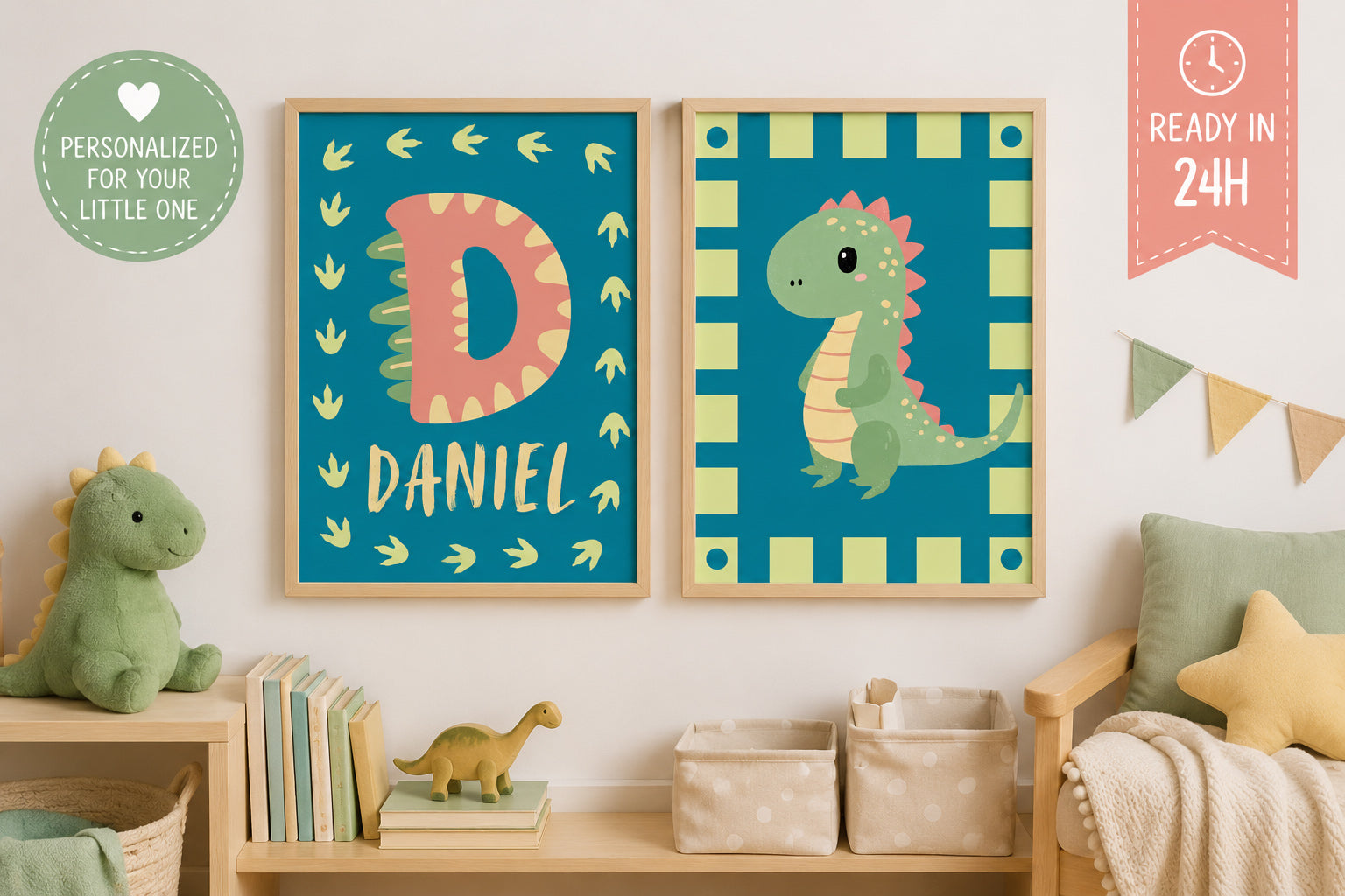 Personalized Dinosaur Wall Art for Kids, Dino Nursery Prints, Boy Room, Set of 2, 18x24inch