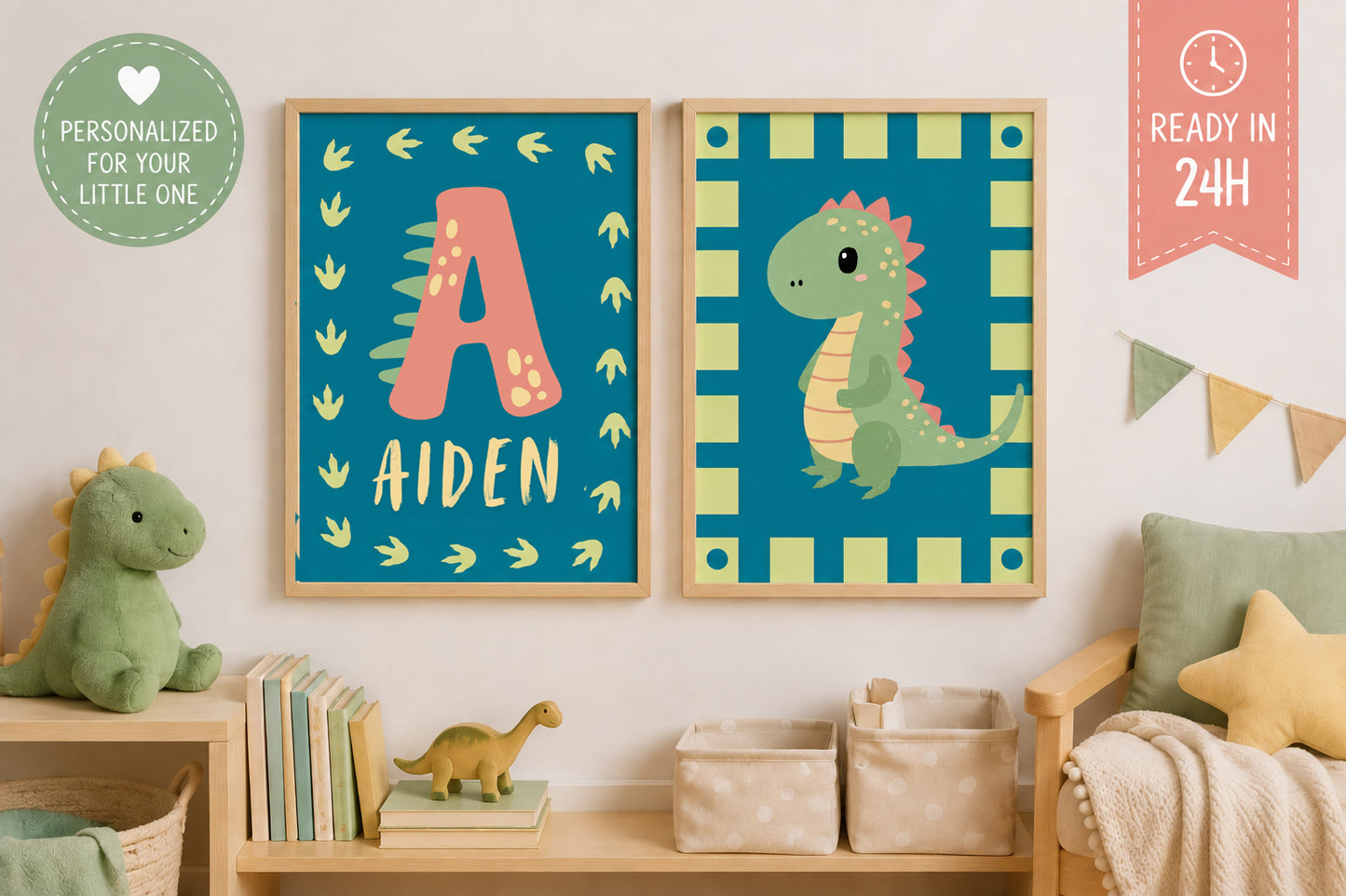 Personalized Dinosaur Wall Art for Kids, Dino Nursery Prints, Boy Room, Set of 2, 18x24inch