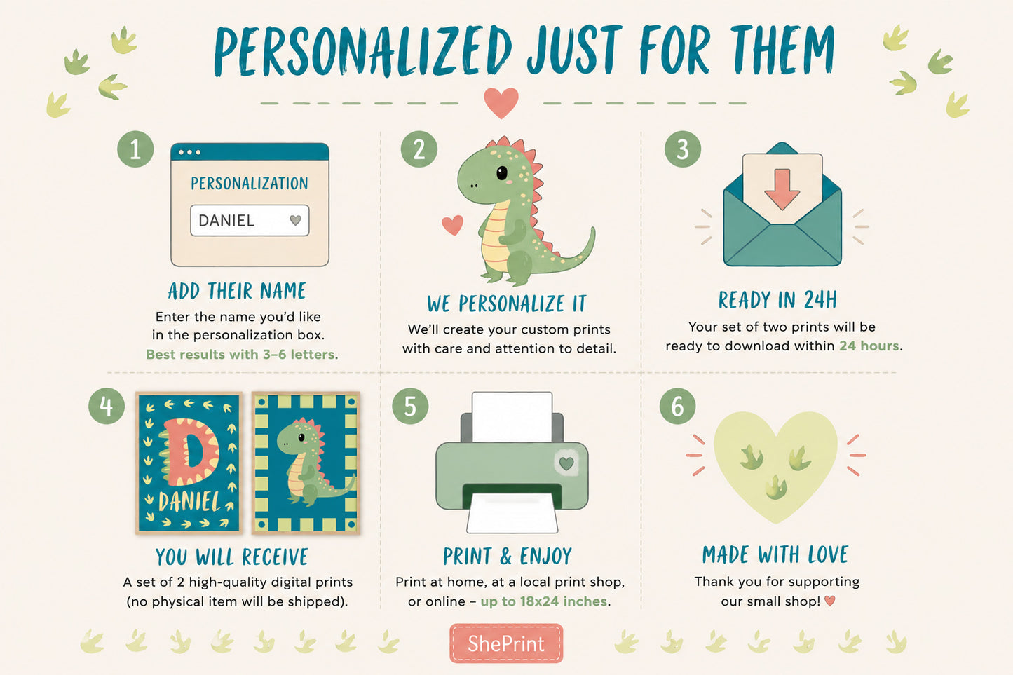 Personalized Dinosaur Wall Art for Kids, Dino Nursery Prints, instructions