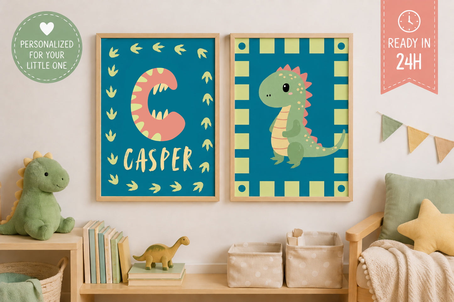 Personalized Dinosaur Wall Art for Kids, Dino Nursery Prints, Boy Room, Set of 2, 18x24inch