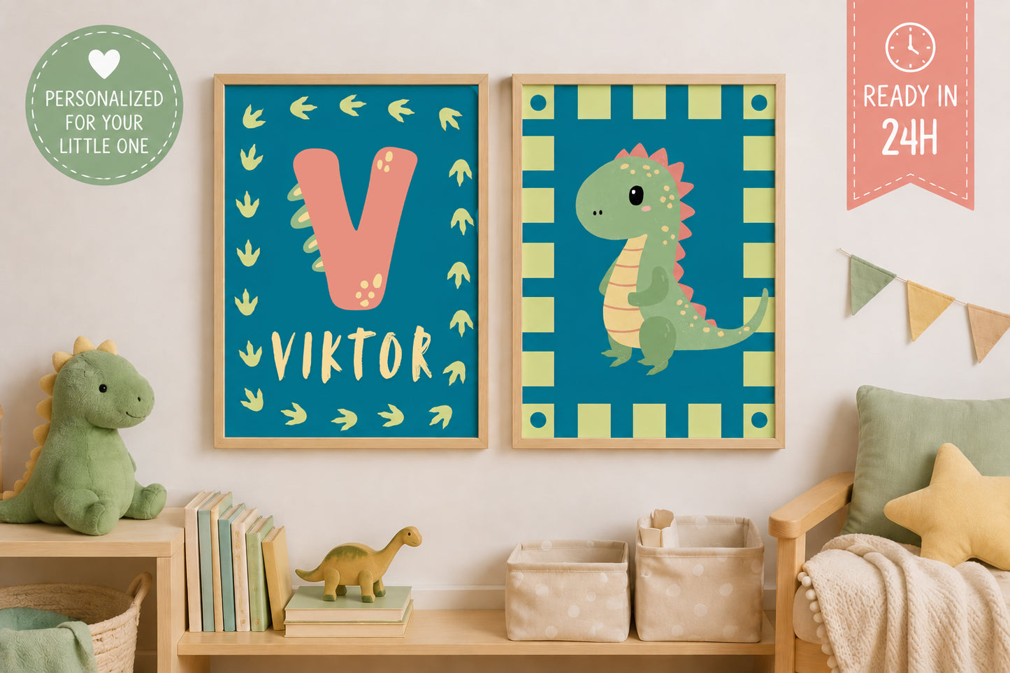 Personalized Dinosaur Wall Art for Kids, Dino Nursery Prints, Boy Room, Set of 2, 18x24inch