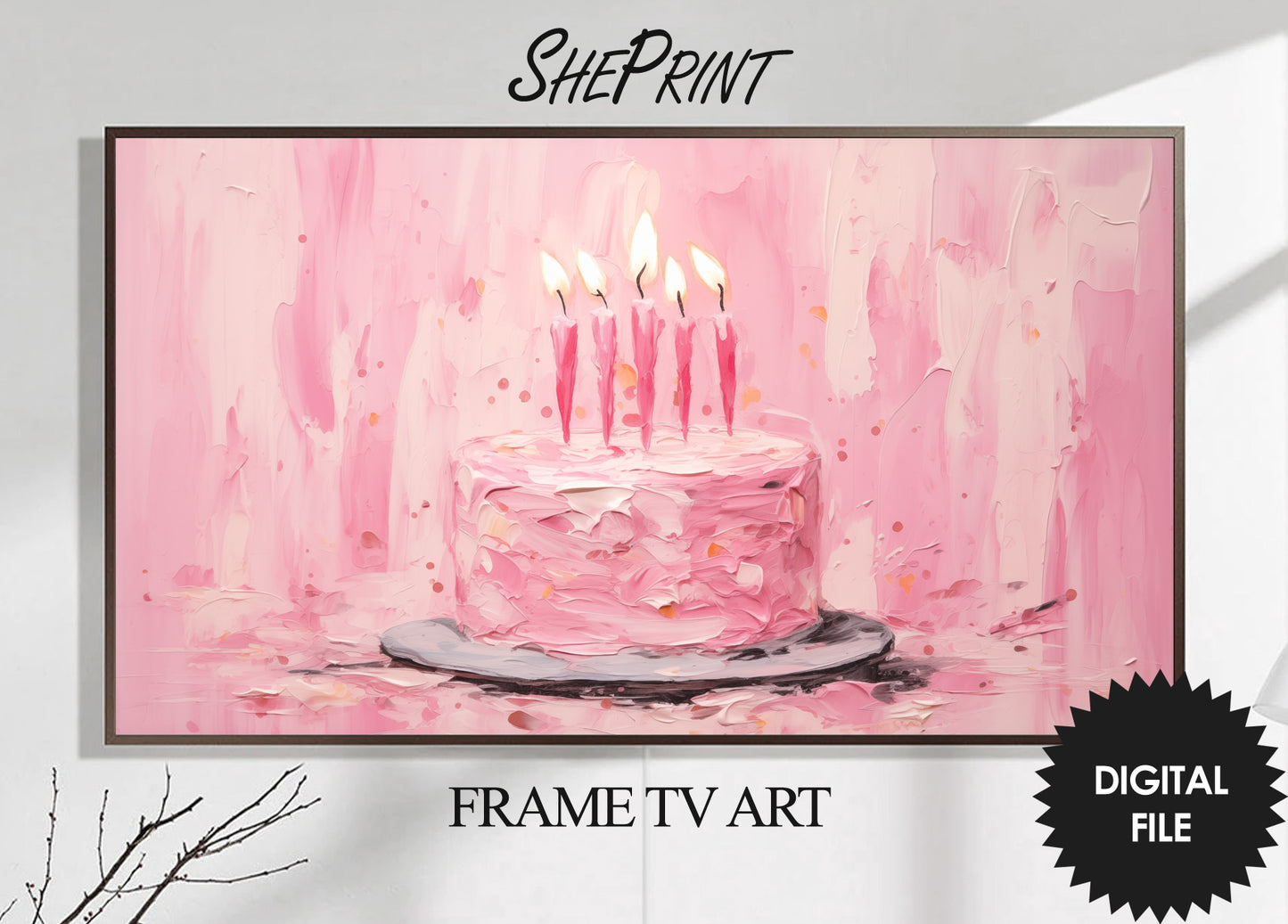 Samsung Frame TV Art | Birthday Cake Pastel Pink Impasto Painting preview