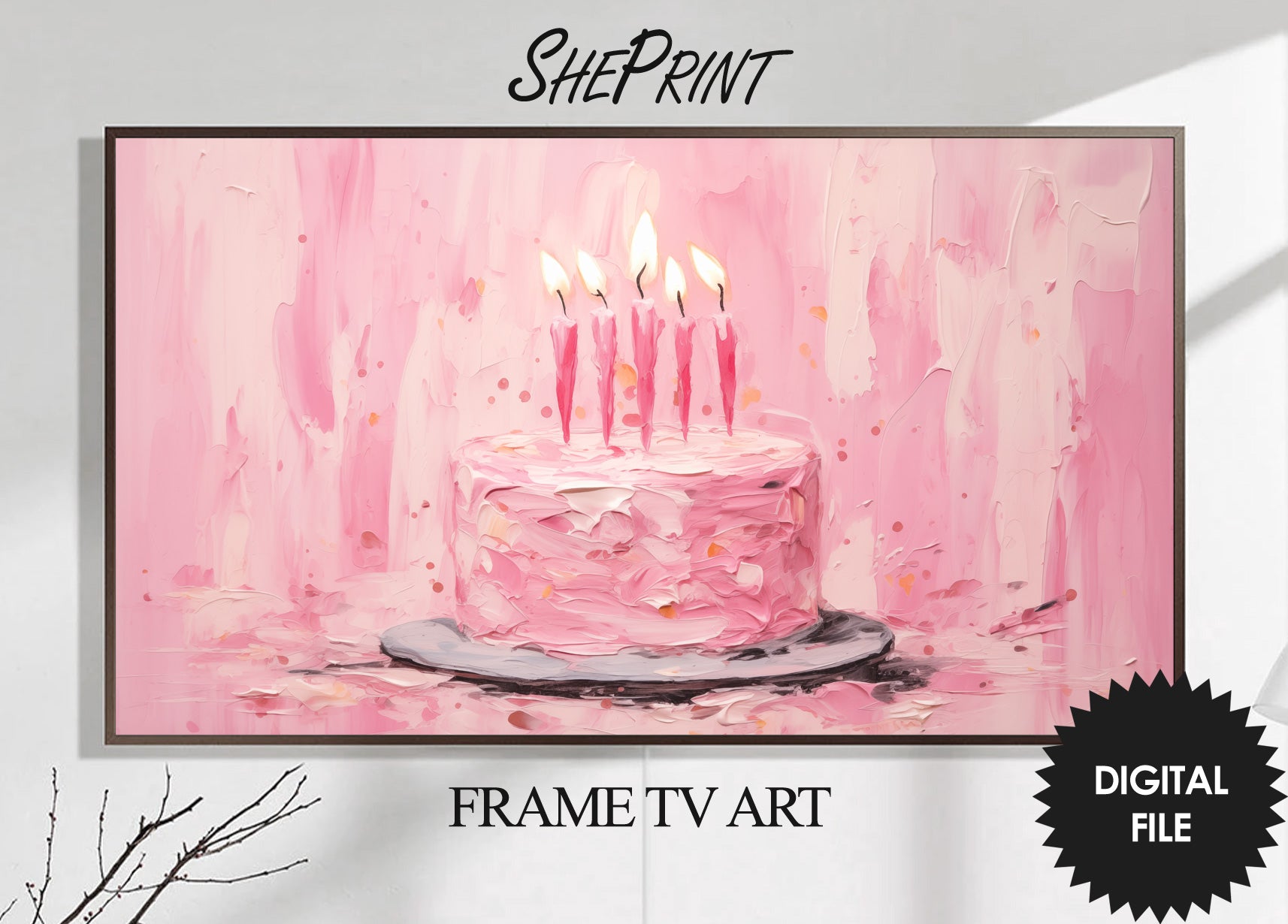 Samsung Frame TV Art | Birthday Cake Pastel Pink Impasto Painting preview