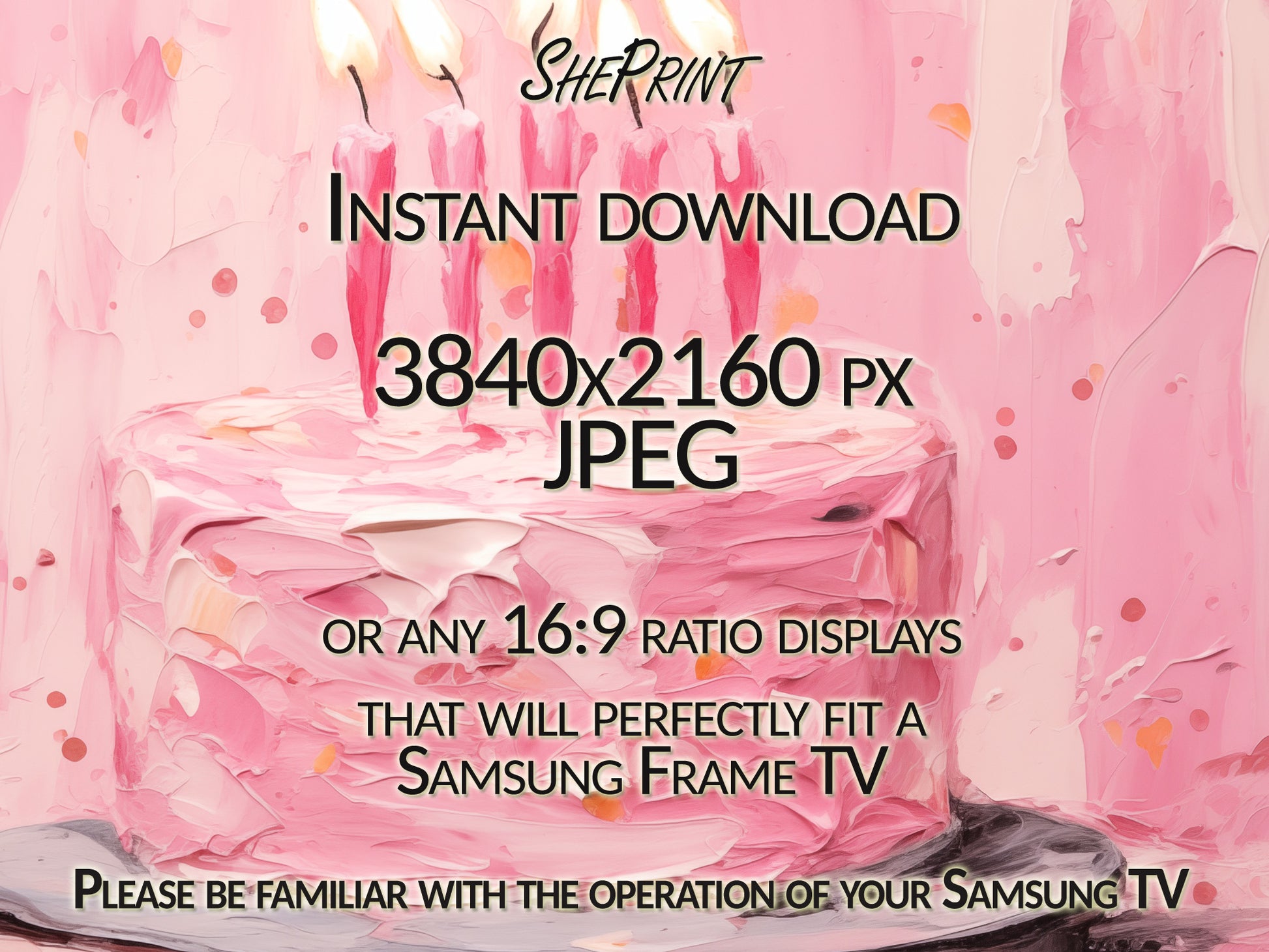 Samsung Frame TV Art | Birthday Cake Pastel Pink Impasto Painting close up view