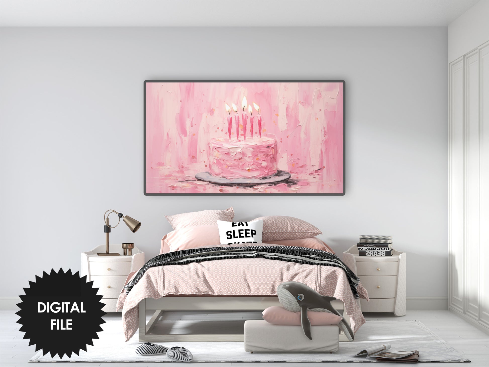 Samsung Frame TV Art | Birthday Cake Pastel Pink Impasto Painting preview in modern bedroom