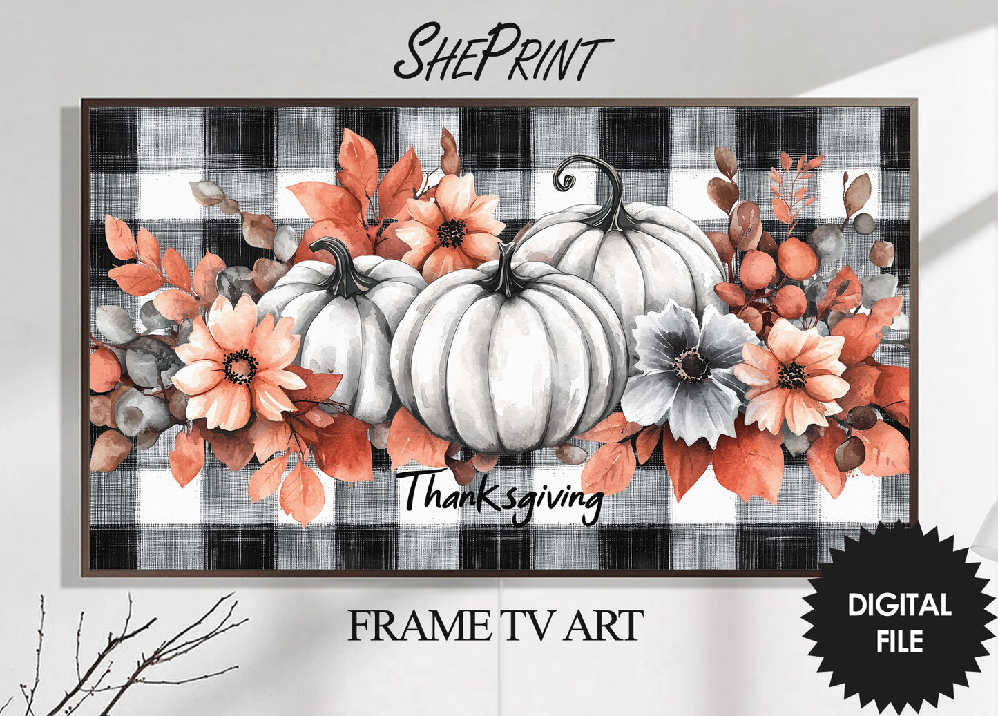 Frame TV Art White Pumpkins on Plaid Background preview