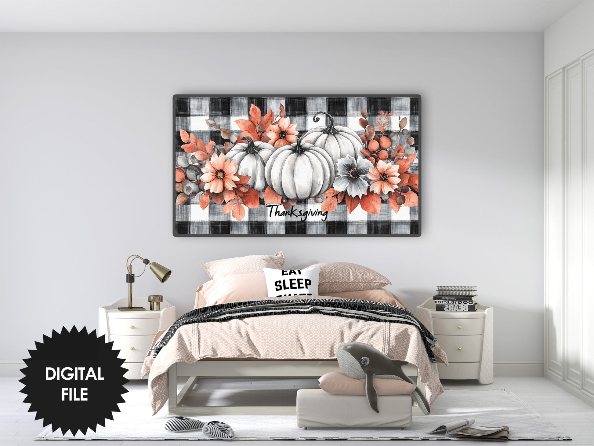 Frame TV Art White Pumpkins on Plaid Background previw in modern bedroom