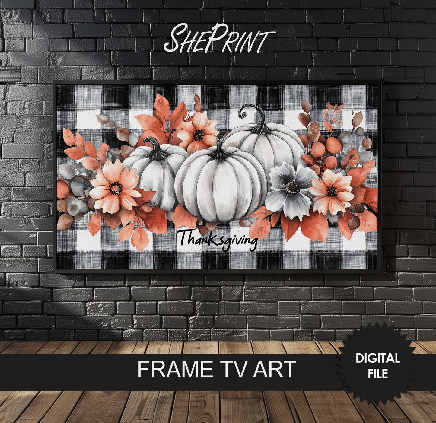 Frame TV Art White Pumpkins on Plaid Background preview on black brick wall