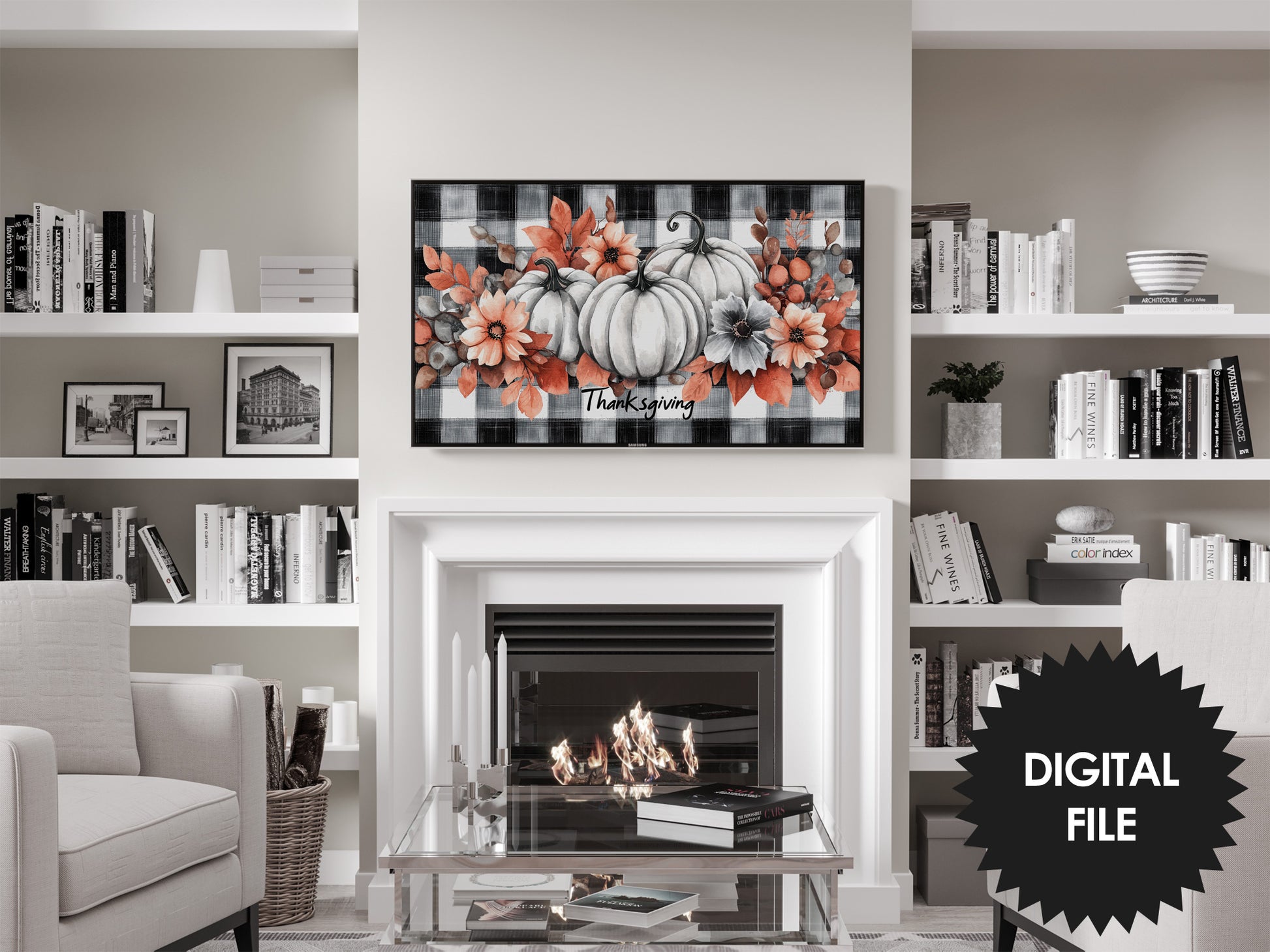 Frame TV Art White Pumpkins on Plaid Background preview in modern living room