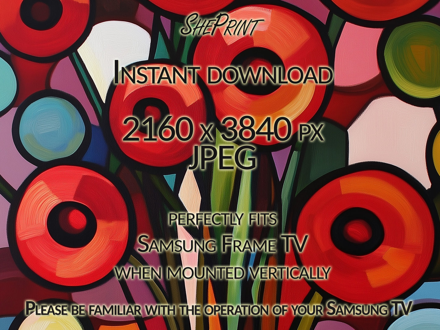 Vertical Frame TV Art, Poppies Abstract Painting close up view