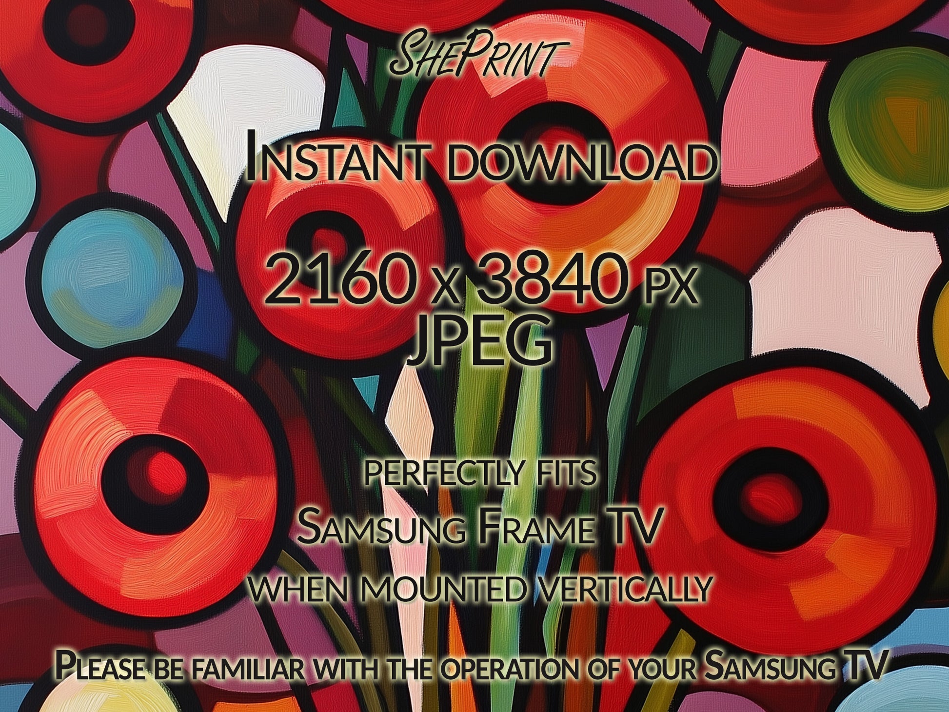 Vertical Frame TV Art, Poppies Abstract Painting close up view