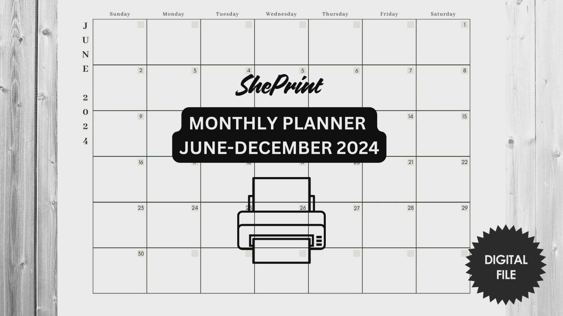 Printable Monthly Planner, From June-December 2024, Print A4 or A2 Poster Size video preview