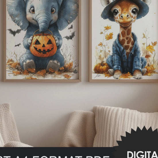 Halloween Wall Art For Kids, Cute Halloween Animals, Set of 3 Digital Prints, Nursery Wall Art, Cute Giraffe, Monkey, Elephant, video