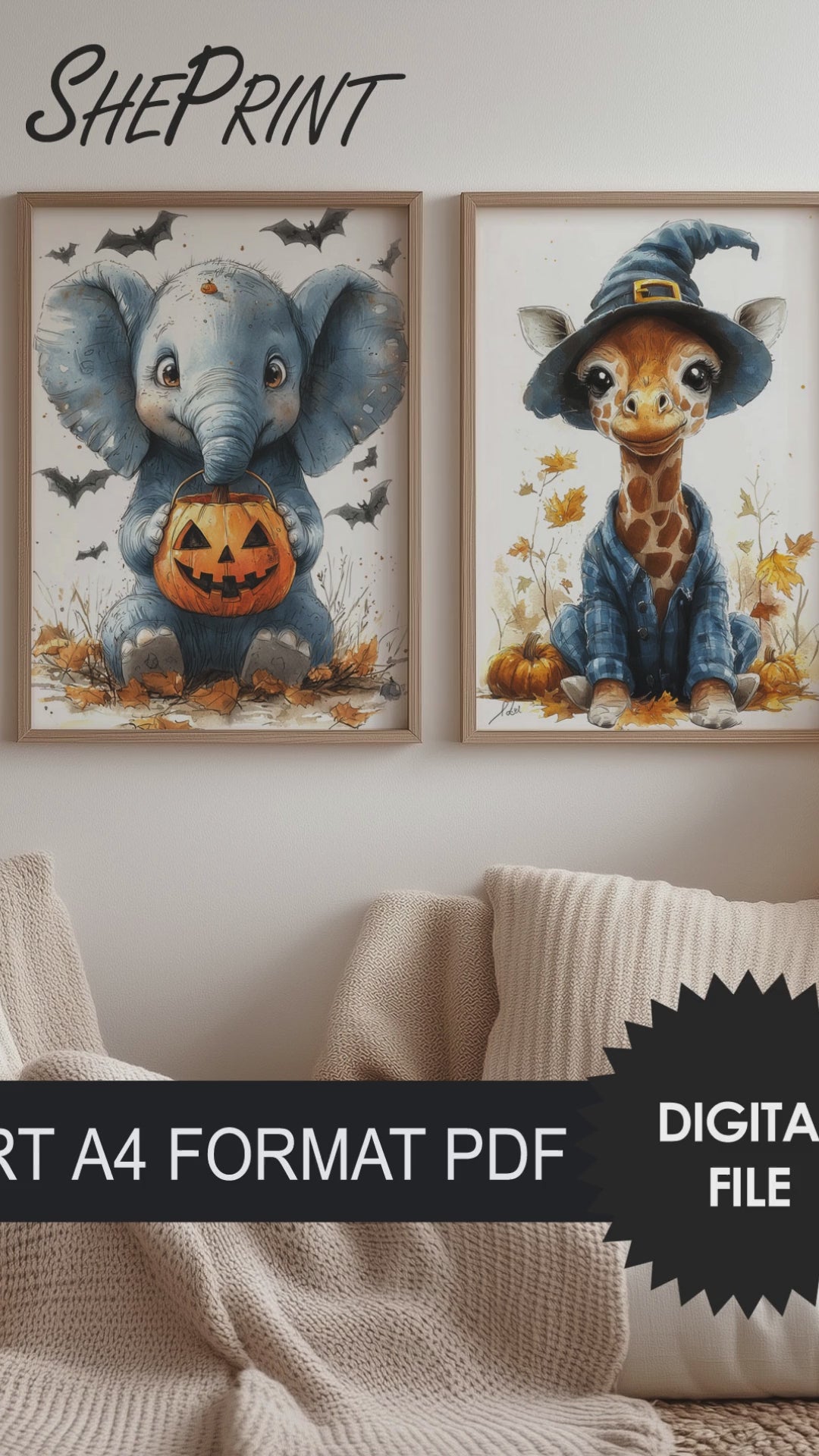 Halloween Wall Art For Kids, Cute Halloween Animals, Set of 3 Digital Prints, Nursery Wall Art, Cute Giraffe, Monkey, Elephant, video