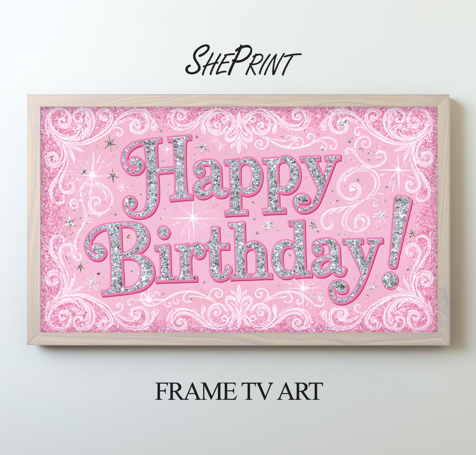 Pink Glitter Happy Birthday Frame TV Art for Girls | Sparkly Princess Party Decor | Digital Download