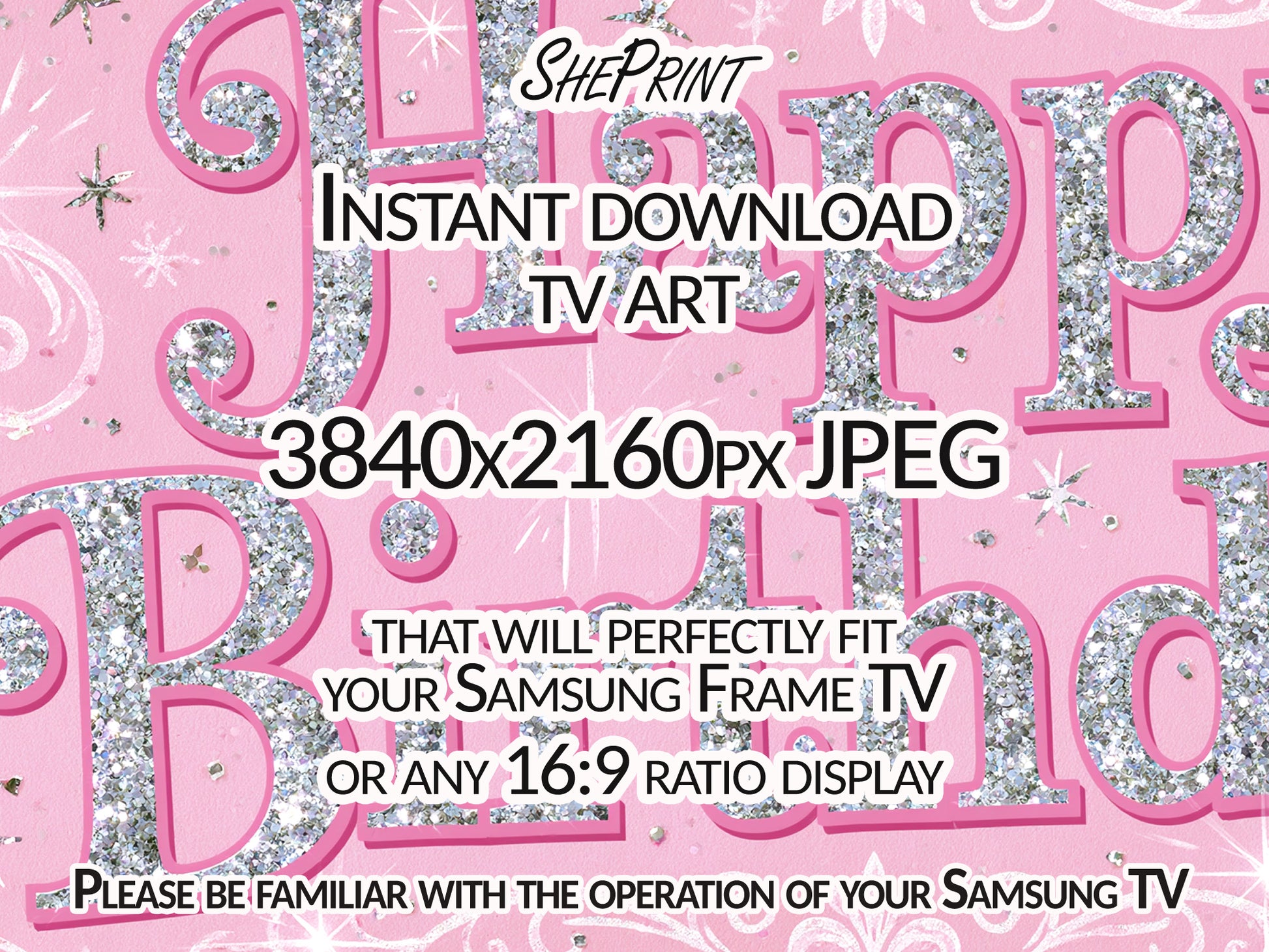 Pink Glitter Happy Birthday Frame TV Art for Girls | Sparkly Princess Party Decor | Digital Download close up look
