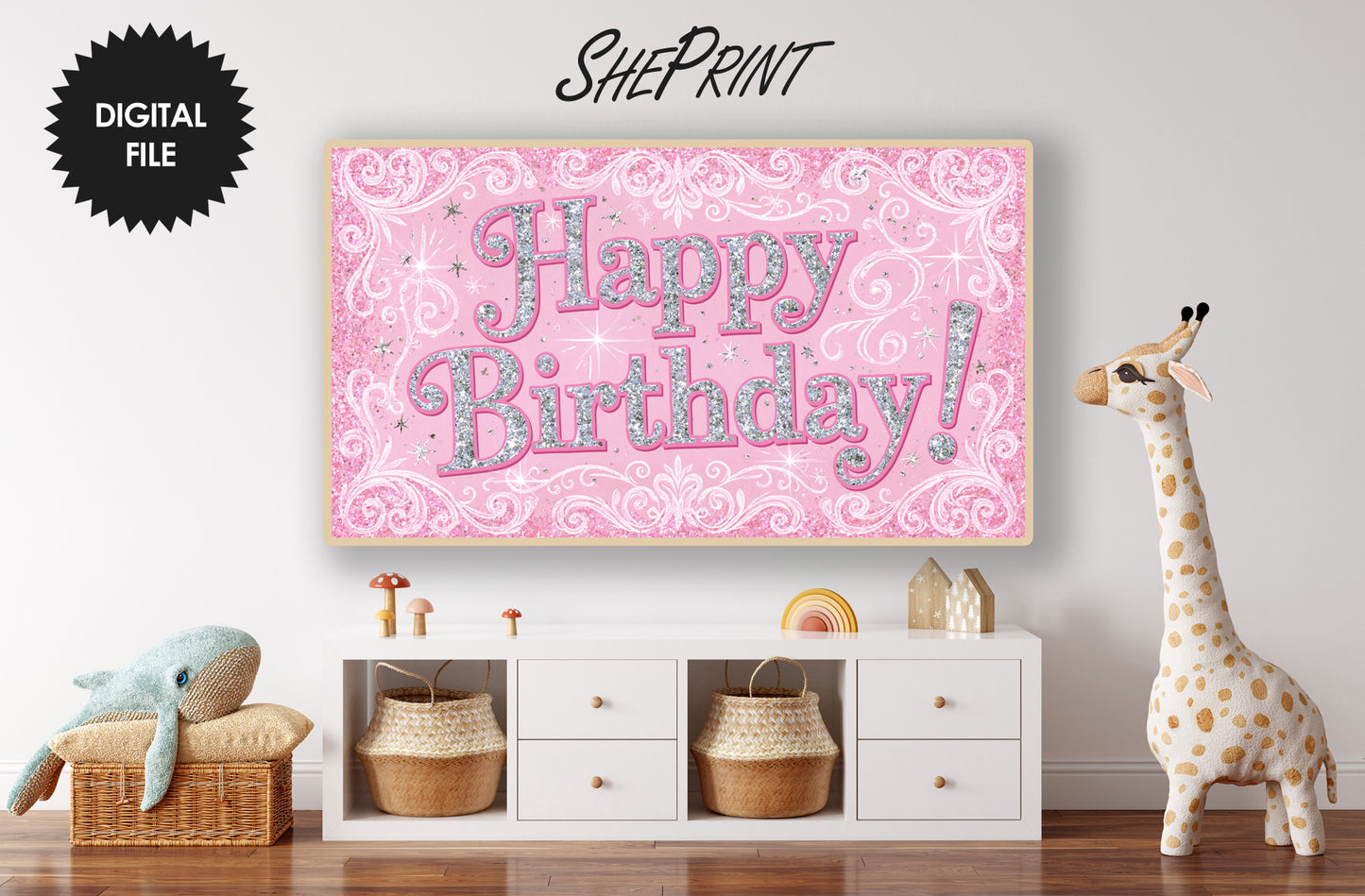 Pink Glitter Happy Birthday Frame TV Art for Girls | Sparkly Princess Party Decor | Digital Download preview on screen