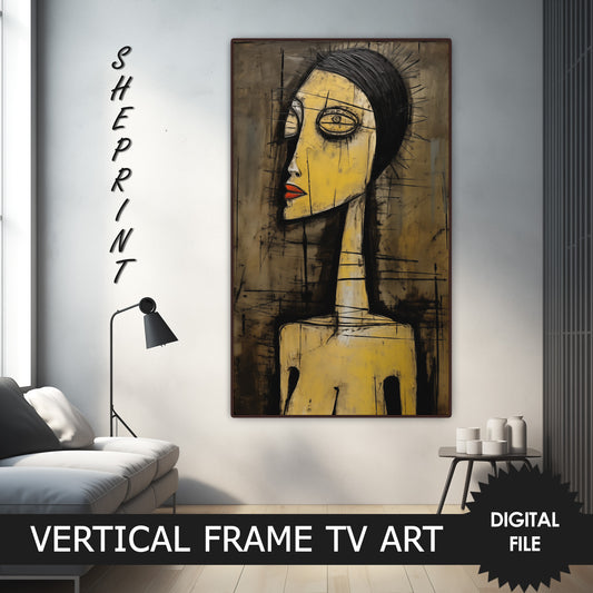 Vertical Frame TV Art, Proud Woman Abstract Art, Warm Earthy Tones Oil Painting preview on Samsung Frame TV when mounted vertically
