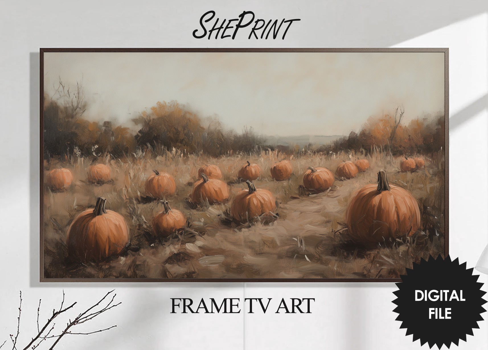 Samsung Frame TV Art Pumpkin Fields, Fall Vintage Digital  Painting preview