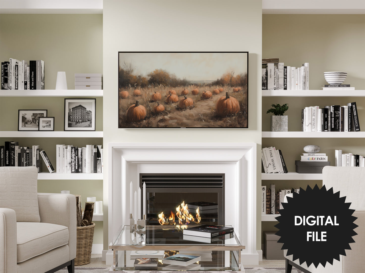 Samsung Frame TV Art Pumpkin Fields, Fall Vintage Painting preview in living room