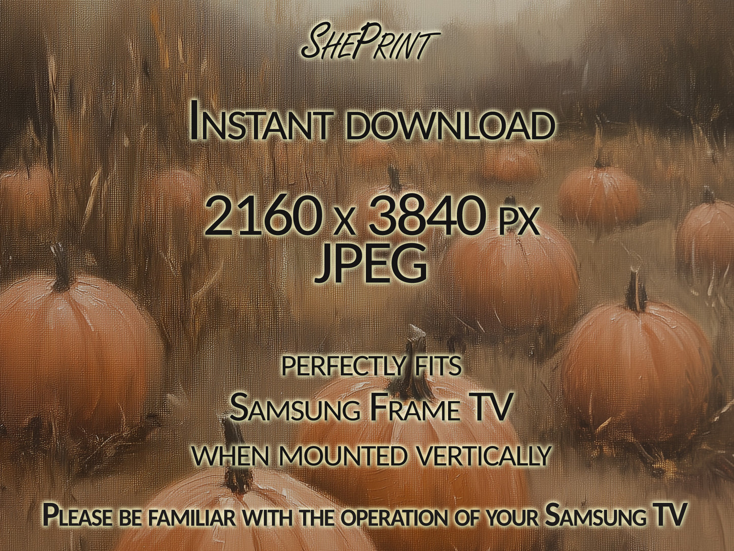 Samsung Vertical Frame TV Art, Moody Pumpkin Fields Fall TV Art, close up view