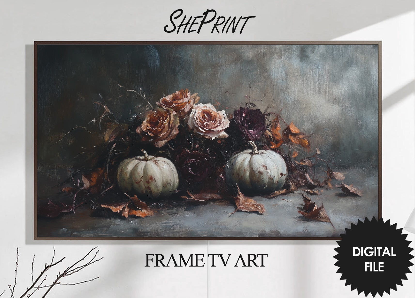 Samsung Frame TV Art, Dark Moody Still Life, White Pumpkins and Burgundy Peach Roses preview