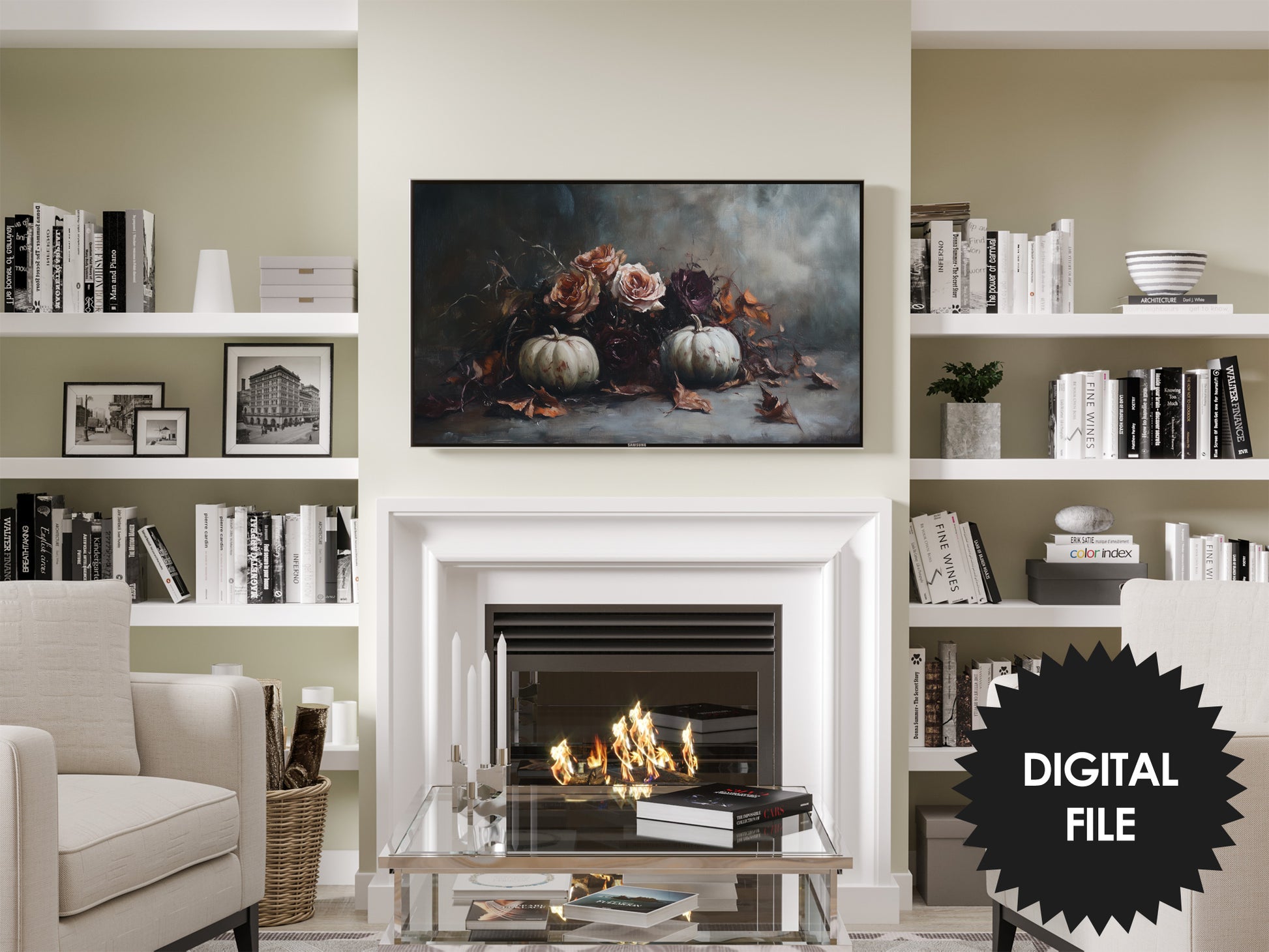 Samsung Frame TV Art, Dark Moody Still Life, White Pumpkins and Burgundy Peach Roses preview in modern living room