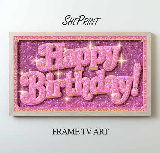 Purple Glitter Birthday Frame TV Art for Girls, Princess Theme Party Decor, Digital Download