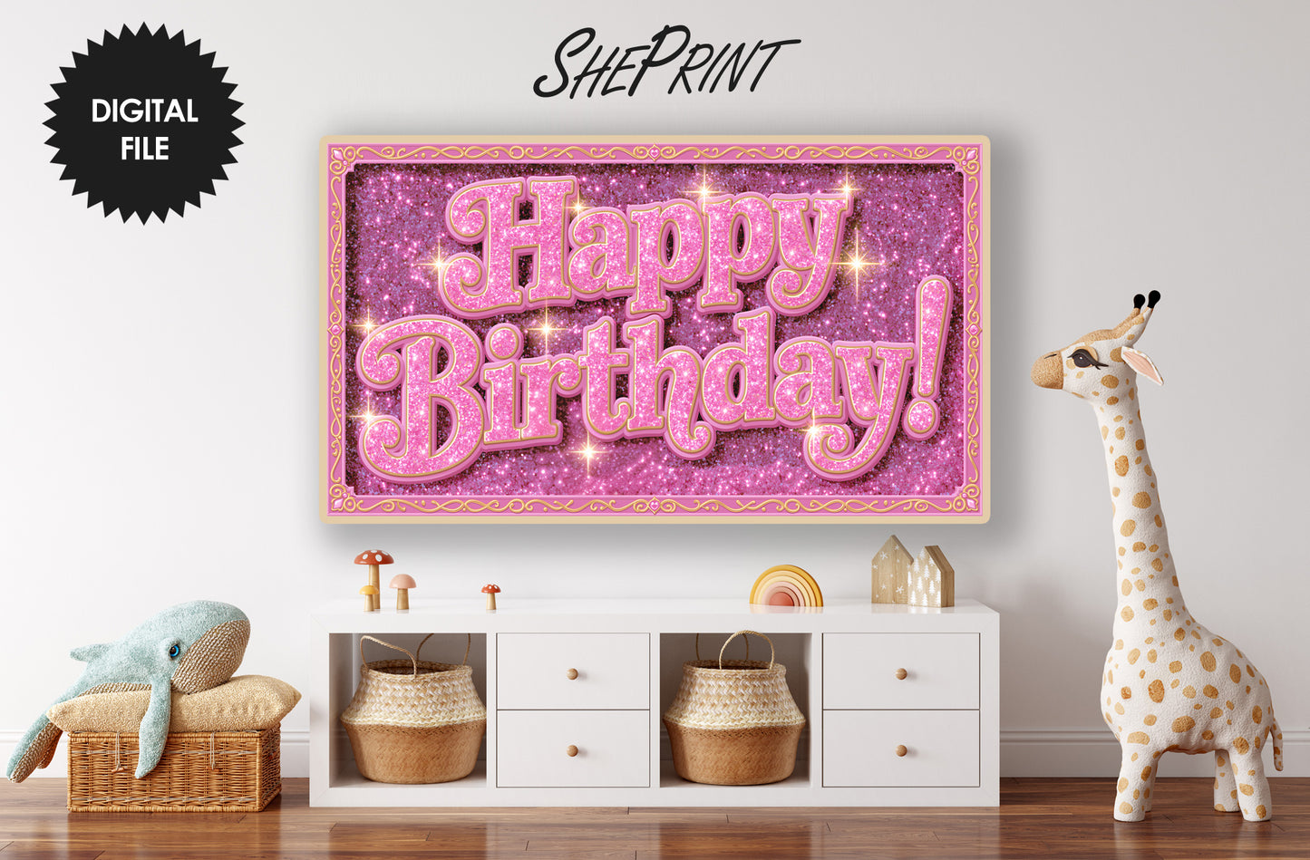 Purple Pink Glitter Birthday Frame TV Art for Girls, Princess Theme Party Decor, Digital Download preview