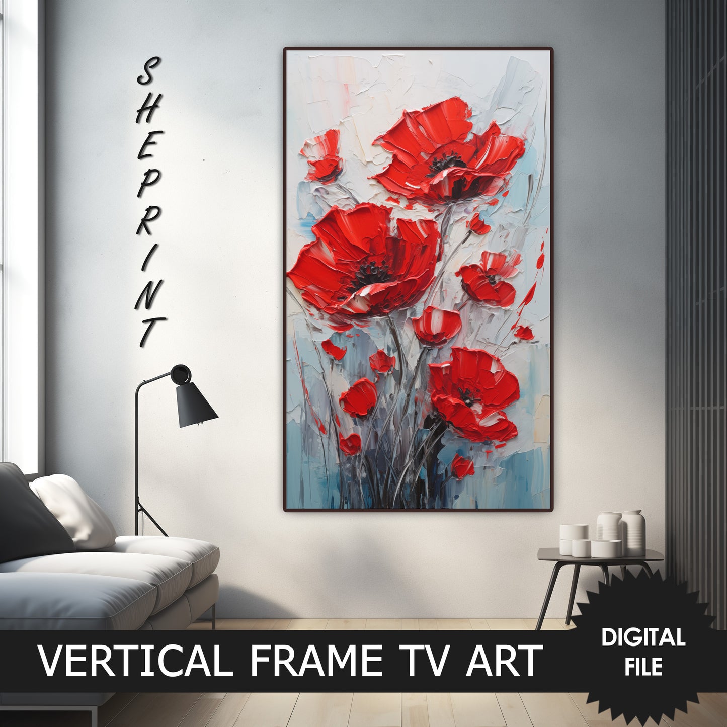 Vertical Frame TV Art, Red Poppies Pallete Knife Oil Painting preview on Samsung Frame TV when mounted vertically
