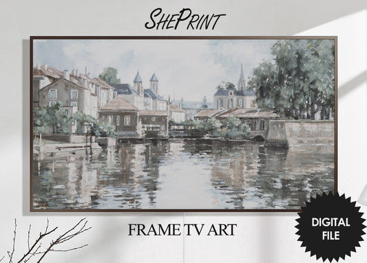 Frame TV Art | River Village Digital TV Art | Digital Painting | Neutral Colors Art | Instant Download