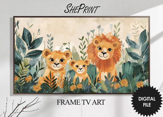 Safari Animals Frame TV Art For Kids | Lion Family Watercolor preview