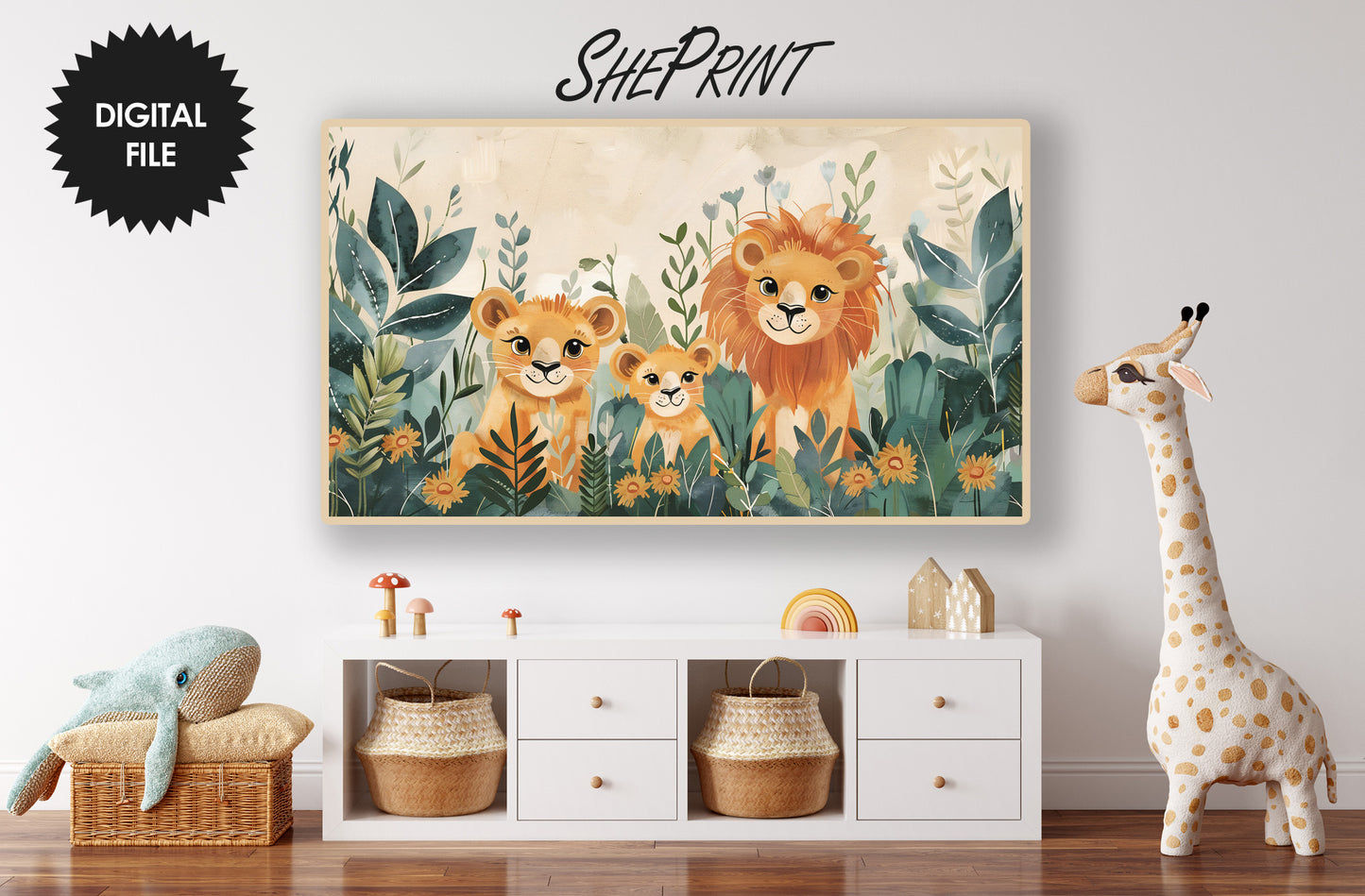 Safari Animals Frame TV Art For Kids | Lion Family Watercolor preview in kids room