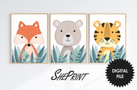 Printable Safari Animals Art, Set of 3, Kids Room Wall Art, Fox, Tiger and Bear Print, Nursery Wall Art, PDF Instant Download, Ratio 3:4