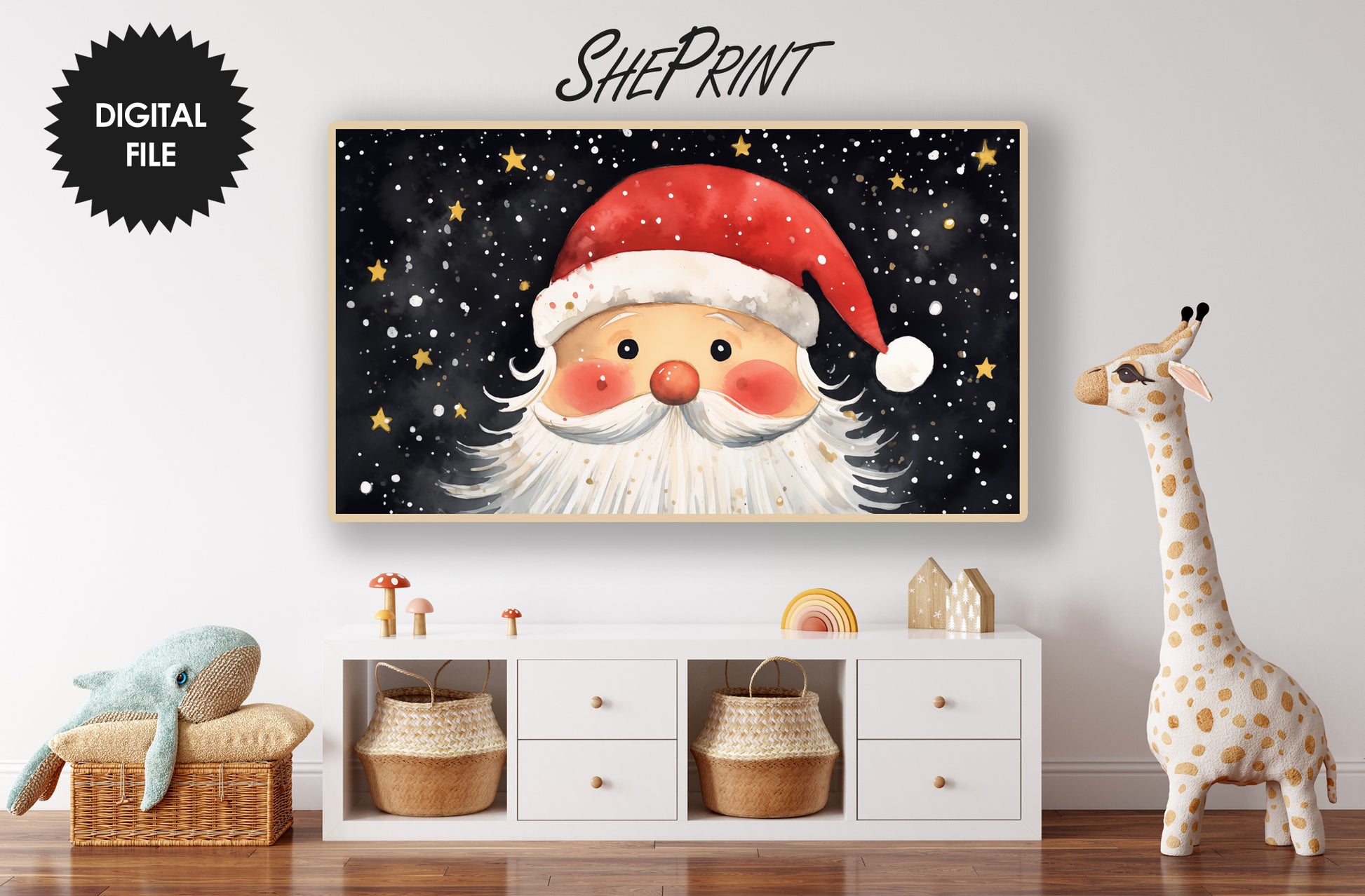 Vertical & Horizontal Frame TV Art For Kids, Christmas Santa preview on Samsung Frame TV when mounted horizontally in nursery room