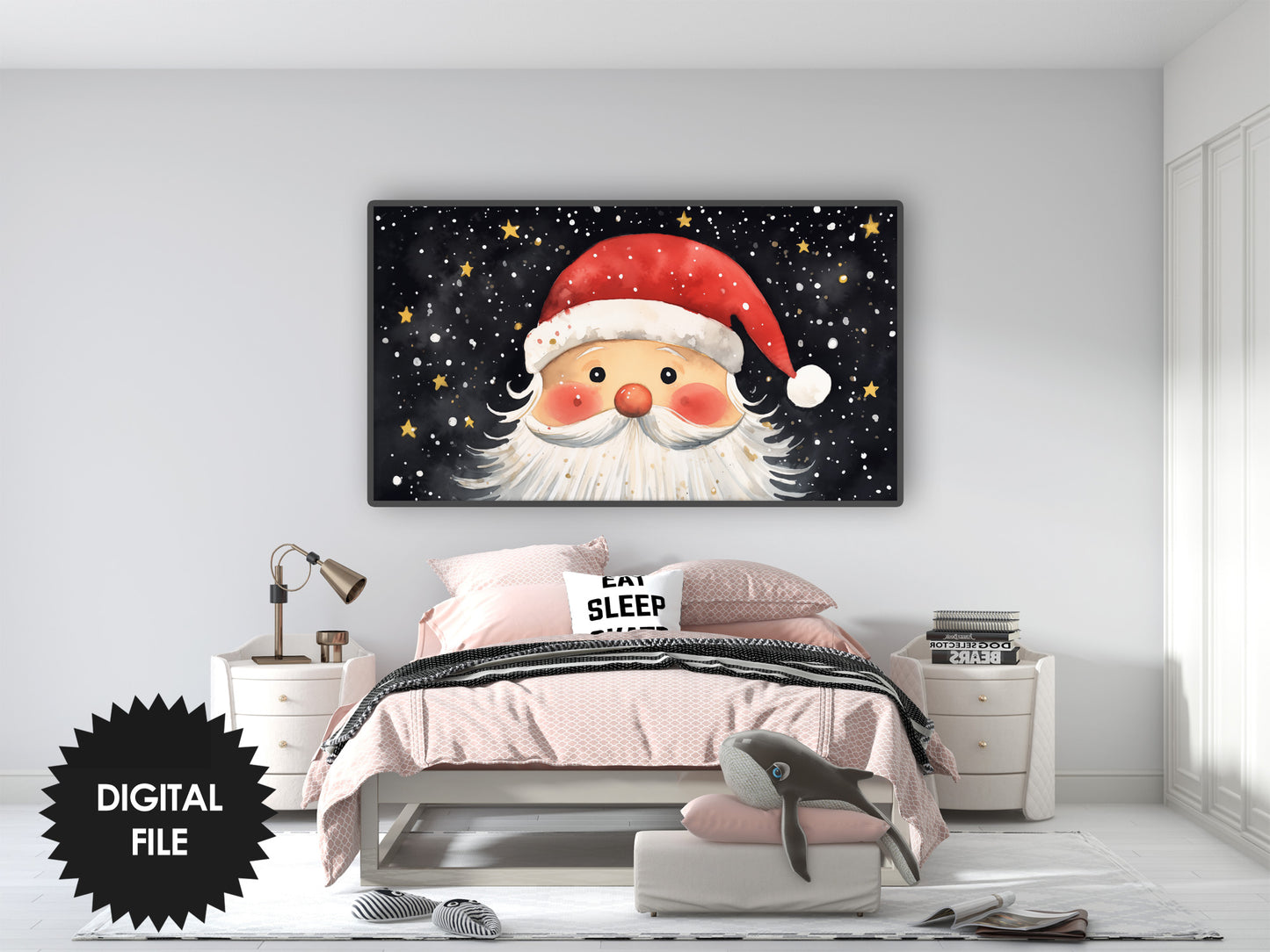 Vertical & Horizontal Frame TV Art For Kids, Christmas Santa preview on Samsung Frame TV when mounted horizontally in kids bedroom