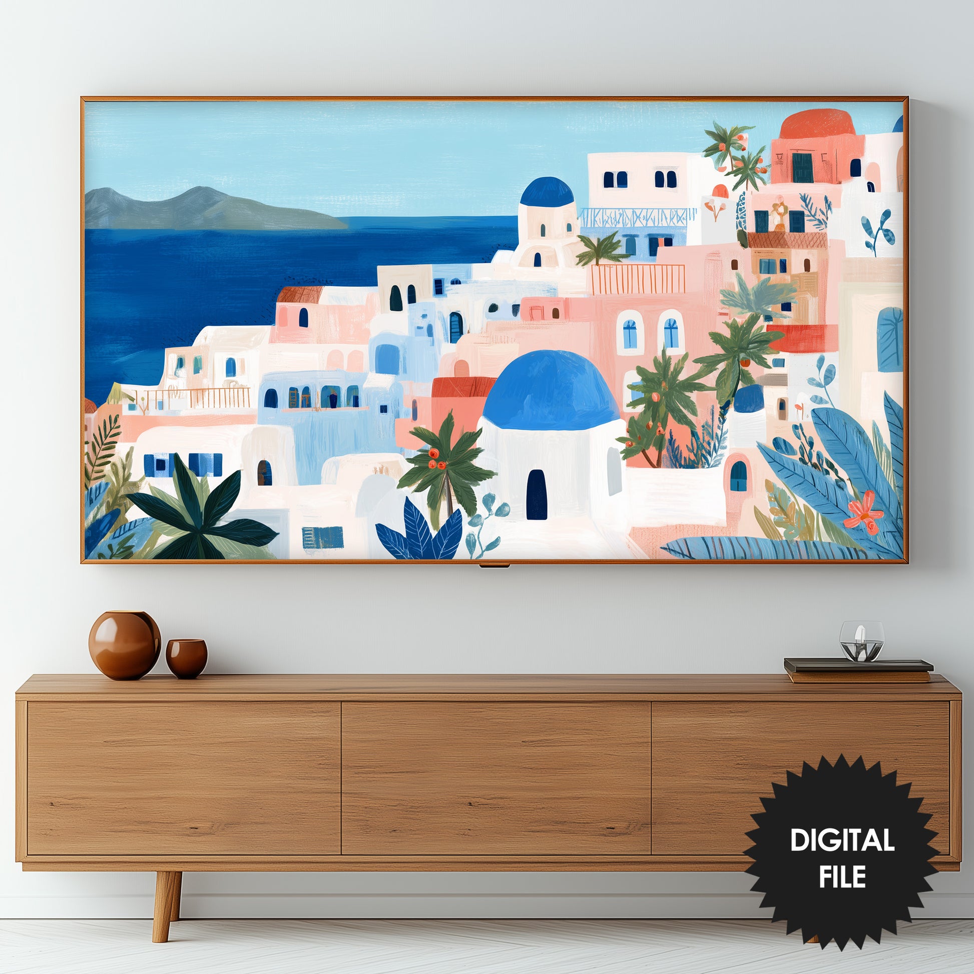 You will be able to download high quality JPG file size 3840 x 2160 pixels that can be used to display on Samsung Frame TV. Preview in Living room.