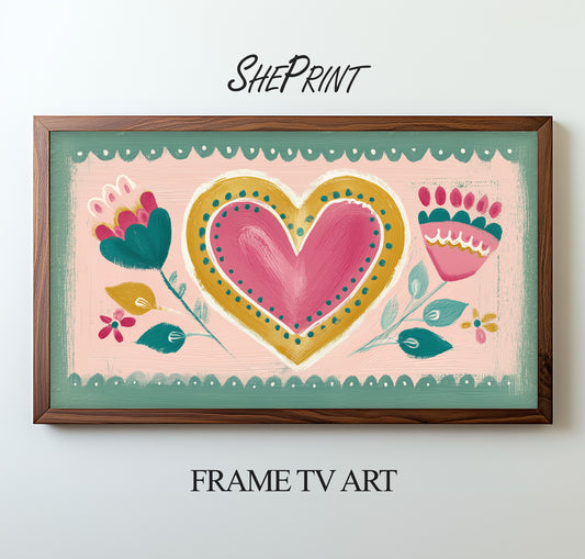 Scandinavian Folk Frame TV Art | Valentines Heart Painting preview on screen