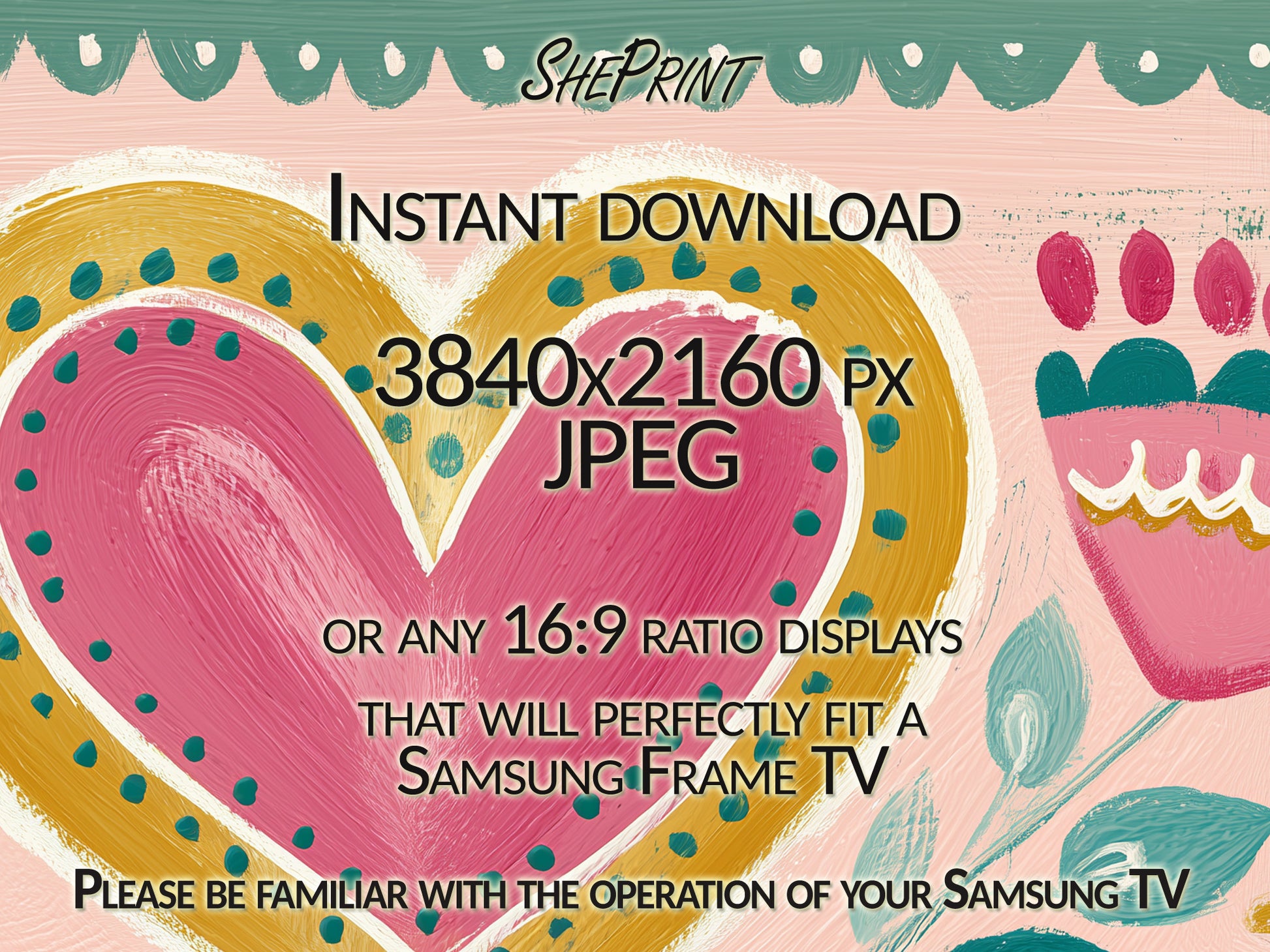 Scandinavian Folk Frame TV Art | Valentines Heart Painting close up view