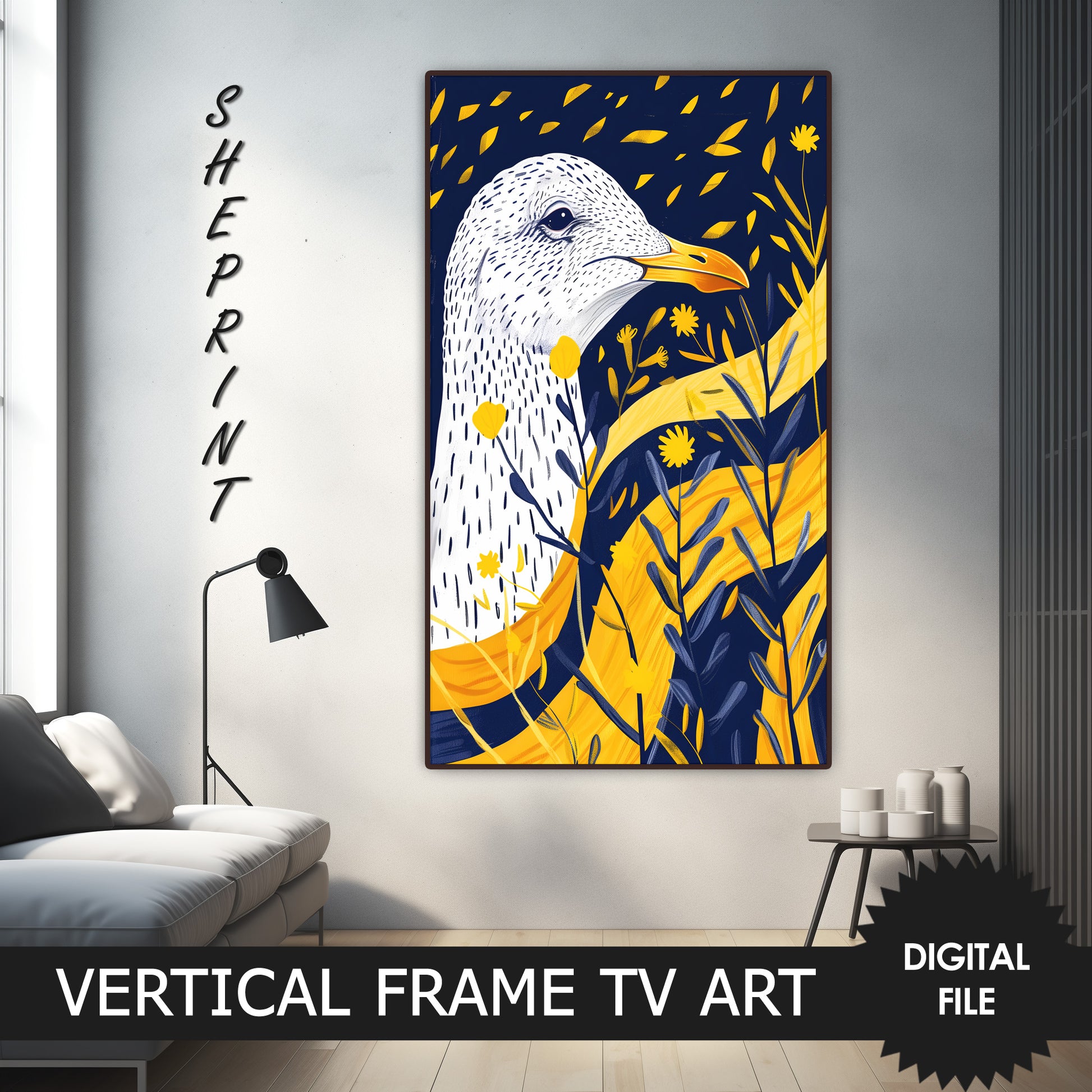 Vertical Frame TV Art, Seagull Abstract Art, Summer TV Art preview in modern ambience