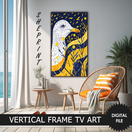 Vertical Frame TV Art, Seagull Abstract Art, Summer TV Art preview on Samsung frame TV when mounted vertically