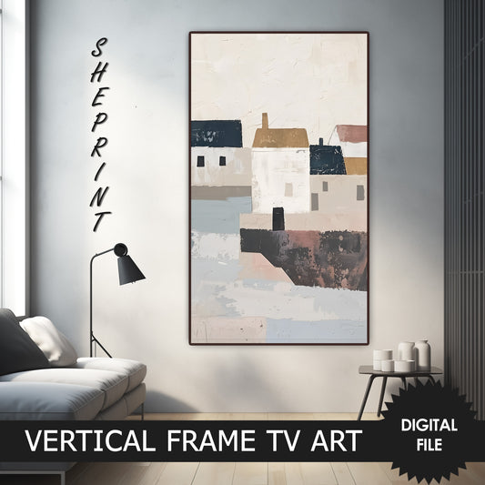 Abstract Art, Soft Neutral Colors Oil Painting, Digital TV Art, preview on Samsung Frame Tv when mounted vertically