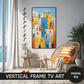 Vertical Frame TV Art, Coastal Town Art, Oil Painting preview in coastal seaside interior